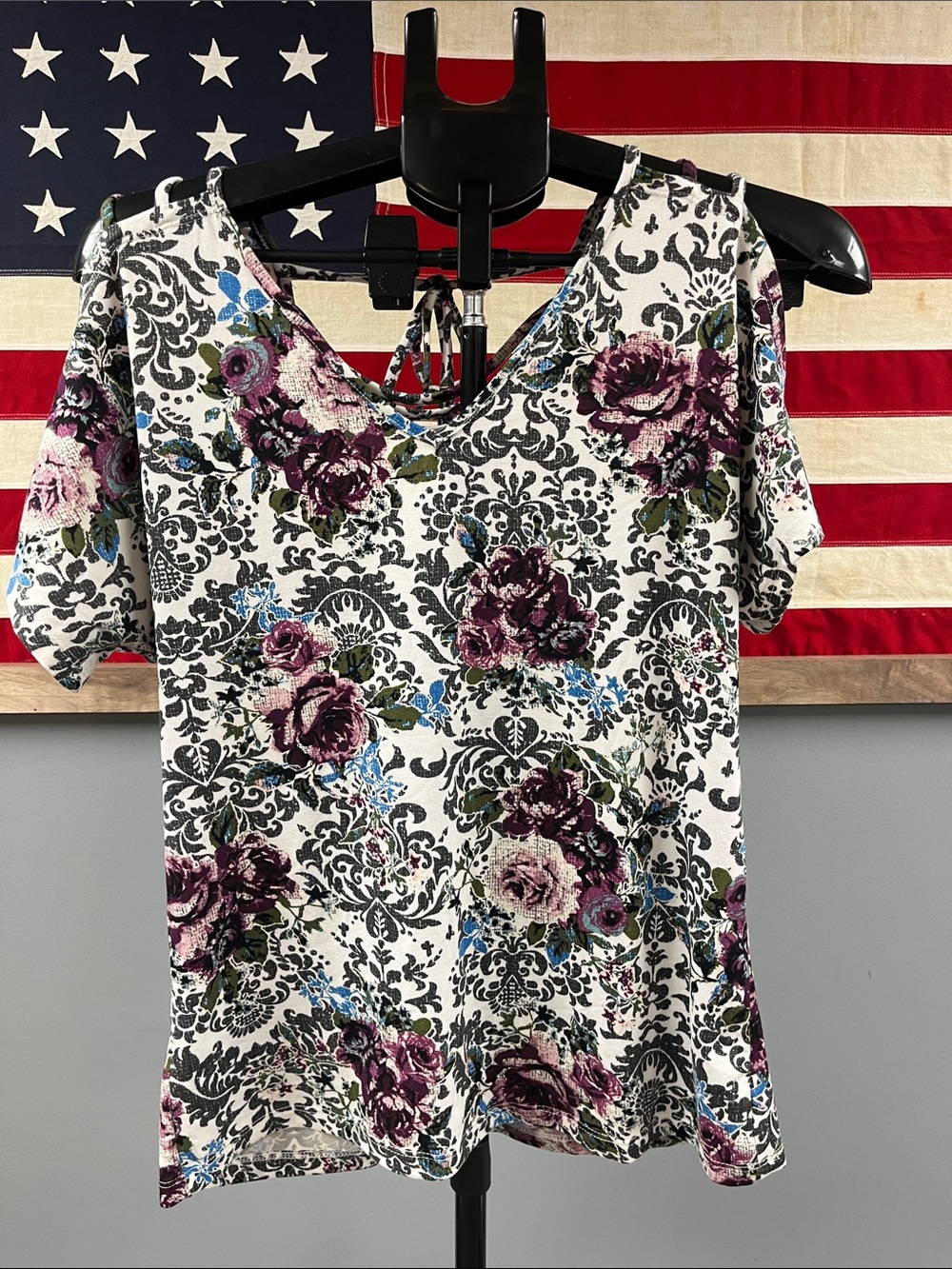 Floral Cold-Shoulder Women’s Top in White and Purple